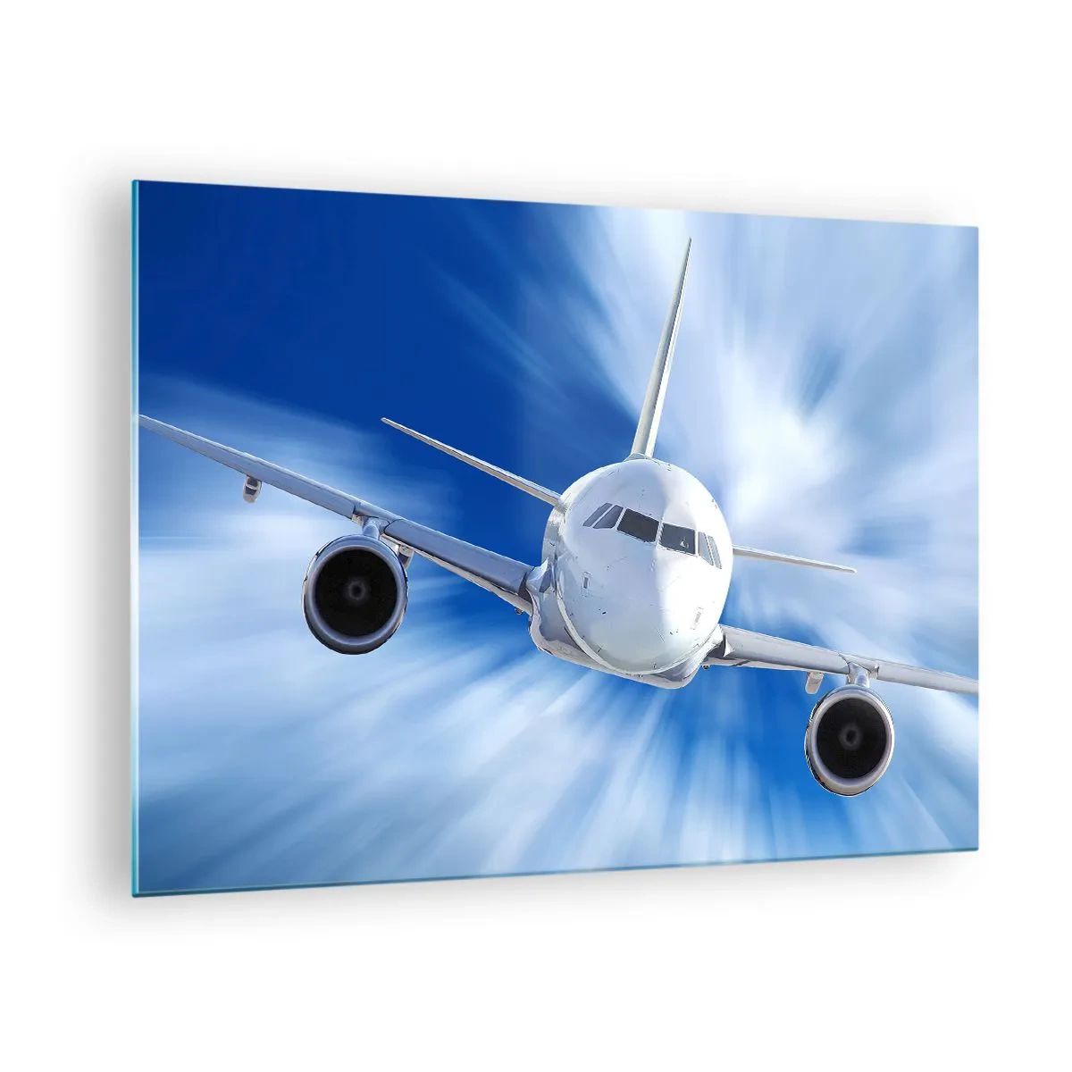 Quadro em vidro - Um avião de passageiros contra um céu azul dinâmico - 70x50cm - Mais rápido do que o vento no céu - Decoração de parede moderna para a sala de estar e quarto ARTTOR