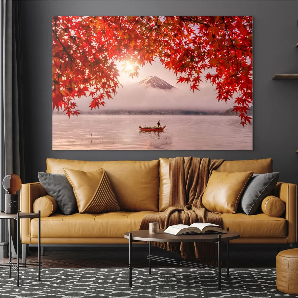 Quadro em vidro - Monte Fuji com um barco em um lago cercado por folhas vermelhas - 70x50cm - No clima japonês - Decoração de parede moderna para a sala de estar e quarto ARTTOR
