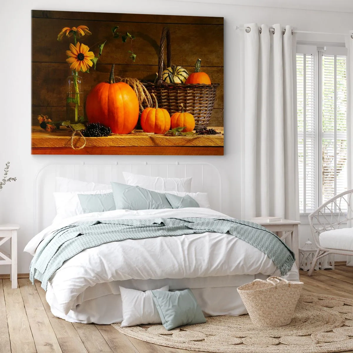 Quadro em tela - Composição de outono com abóboras e flores em um fundo de madeira - 70x50cm - Composição rústica - frutos de outono - Decoração de parede moderna para a sala de estar e quarto ARTTOR