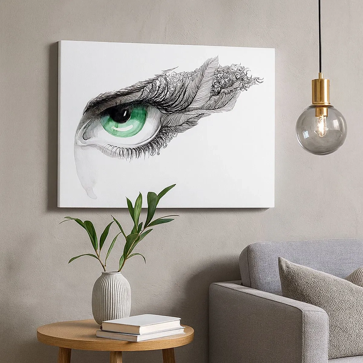 Quadro em tela - Olho artístico com íris verde e detalhes de desenho - 70x50cm - Bonita e pronta para atacar - Decoração de parede moderna para a sala de estar e quarto ARTTOR