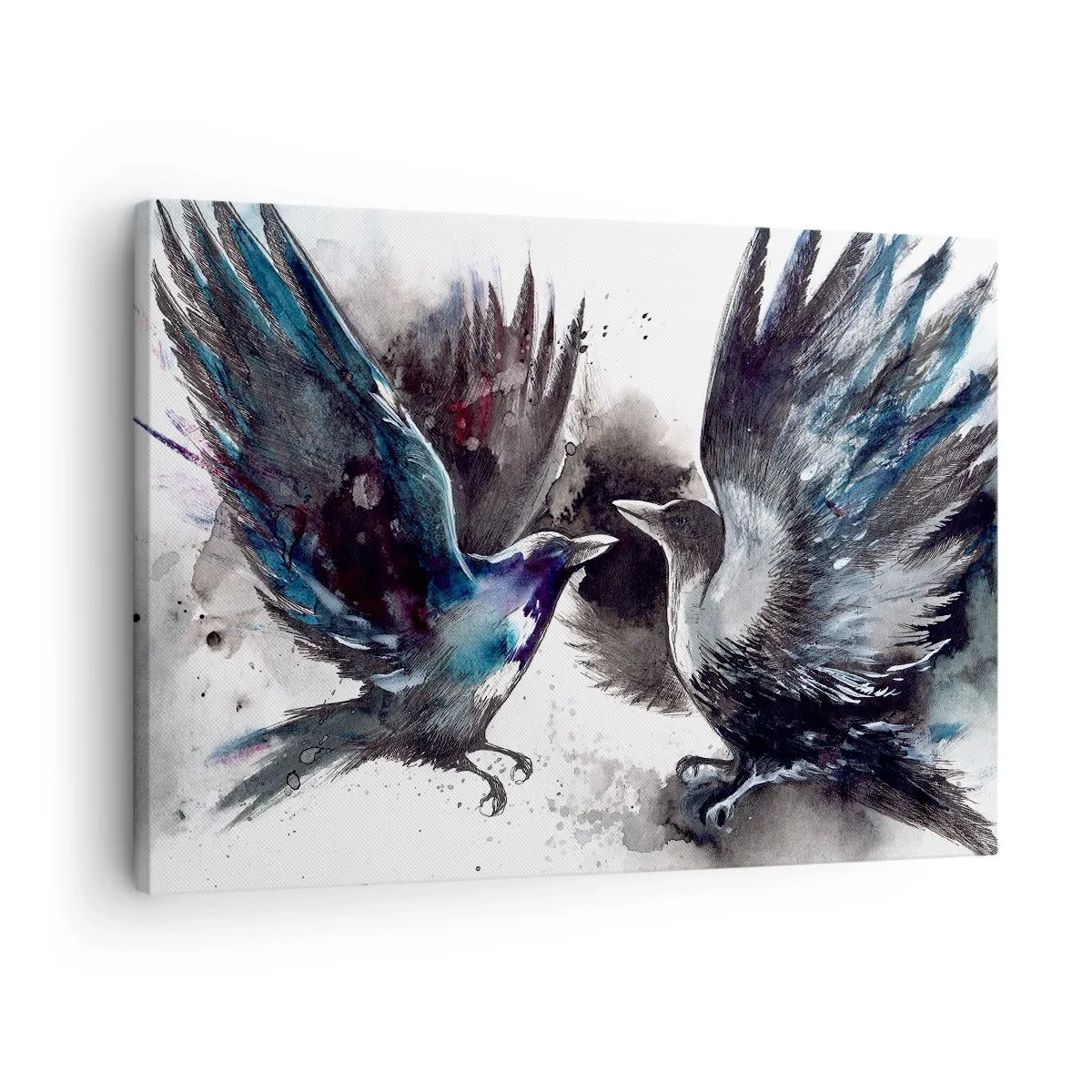 Quadro em tela - Corvos artísticos em uma composição dinâmica de aquarela - 70x50cm - De corvo a corvo... - Decoração de parede moderna para a sala de estar e quarto ARTTOR