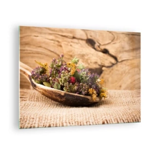 Quadro em vidro - Ervas secas em uma colher de pau em um fundo rústico - 70x50cm - Flores coloridas e ervas aromáticas - Decoração de parede moderna para a sala de estar e quarto ARTTOR