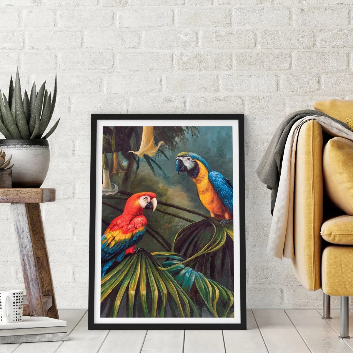 Pôster com moldura preta - Papagaios tropicais cercados por vegetação exuberante - 50x70cm - Romantismo nos trópicos - Decoração de parede moderna para a sala de estar e quarto ARTTOR