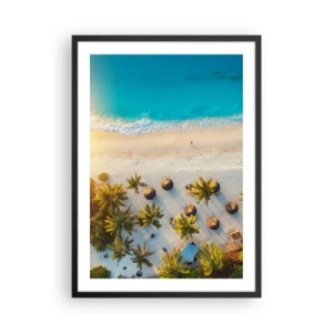 Pôster com moldura preta - Vista aérea de uma praia paradisíaca com palmeiras e águas azul-turquesa - 50x70cm - Bem vindo ao Paraíso - Decoração de parede moderna para a sala de estar e quarto ARTTOR