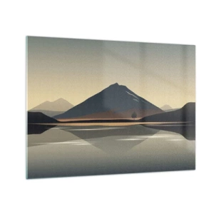 Quadro em vidro - Montanhas e lago em tons quentes com efeito reflexivo - 70x50cm - Reflexo de espelho - Decoração de parede moderna para a sala de estar e quarto ARTTOR
