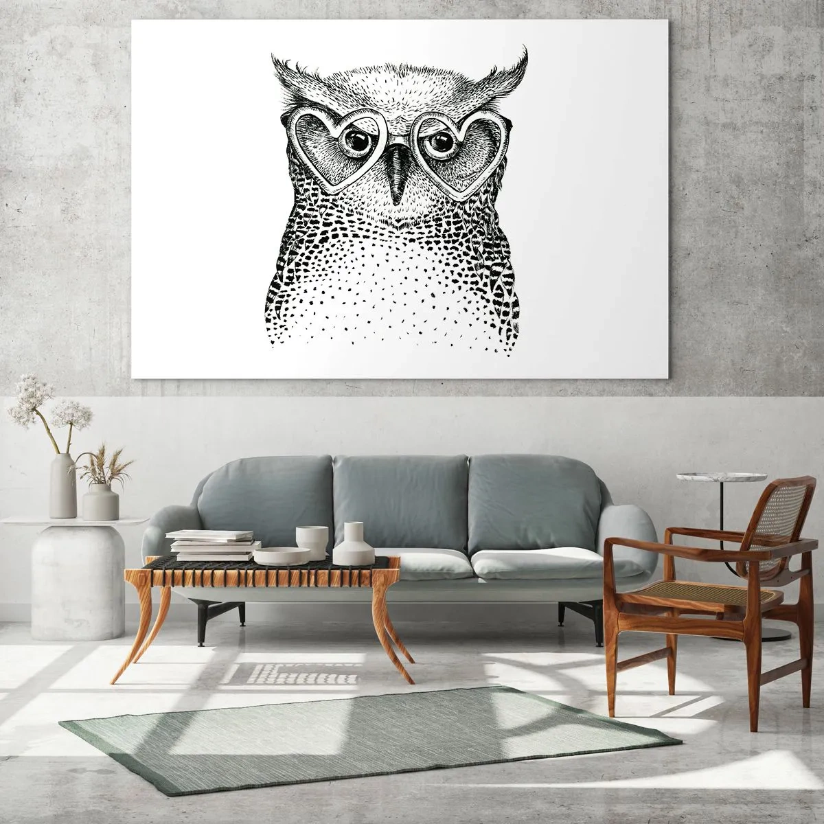 Quadro em vidro - Ilustração de uma coruja usando óculos em formato de coração - 70x50cm - Sabiamente e amorosamente - Decoração de parede moderna para a sala de estar e quarto ARTTOR