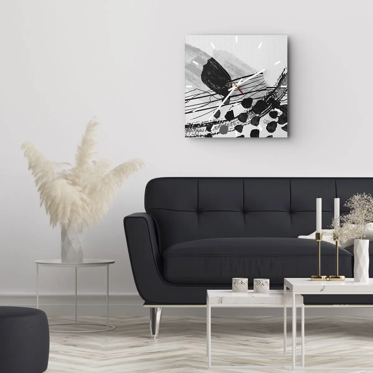 Relógio de parede - Relógio em vidro - Abstração orgánica em preto e branco - 40x40 cm