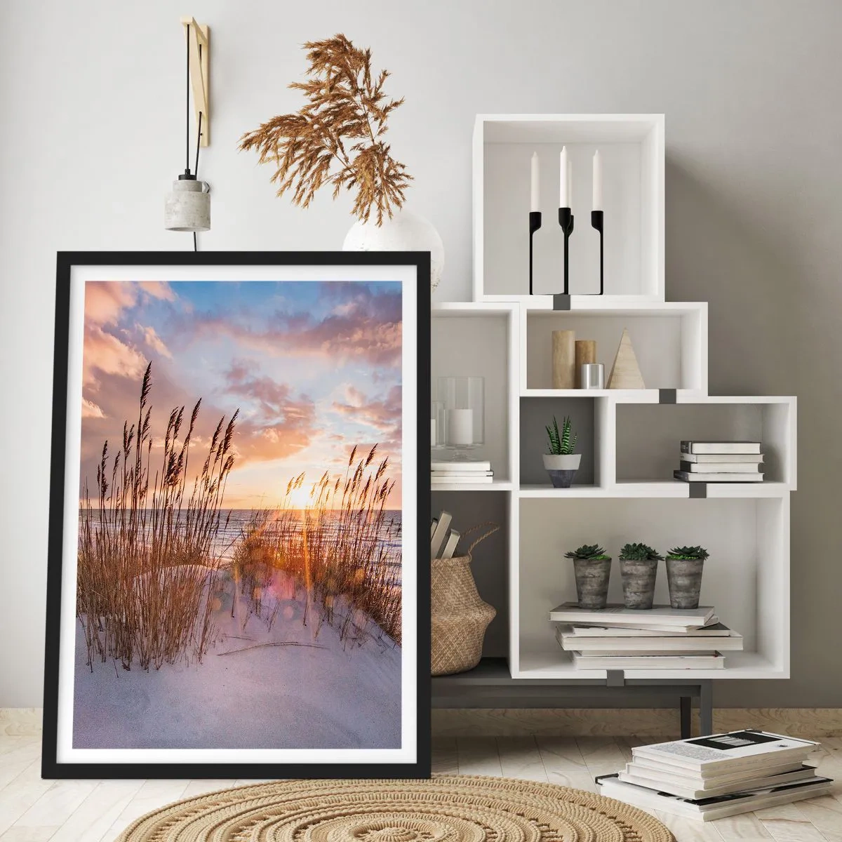 Pôster com moldura preta - As gramíneas das dunas iluminadas pelos raios do sol poente - 50x70cm - Adeus ao sol e ao vento - Decoração de parede moderna para a sala de estar e quarto ARTTOR