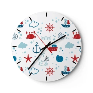 Relógio de parede - Relógio em vidro - Motivos náuticos nas cores branco, azul e vermelho - 30x30cm - Conto de fadas do mar - Decoração de parede moderna para a sala de estar, cozinha e quarto ARTTOR