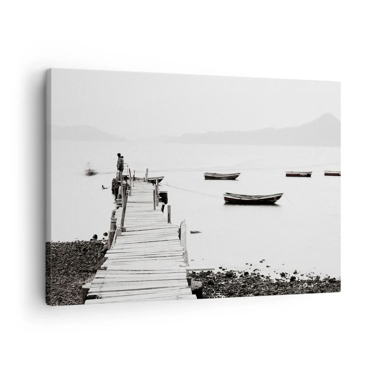 Quadro em tela - Píer de madeira e barcos em águas calmas - 70x50cm - Sobre água calma e límpida - Decoração de parede moderna para a sala de estar e quarto ARTTOR