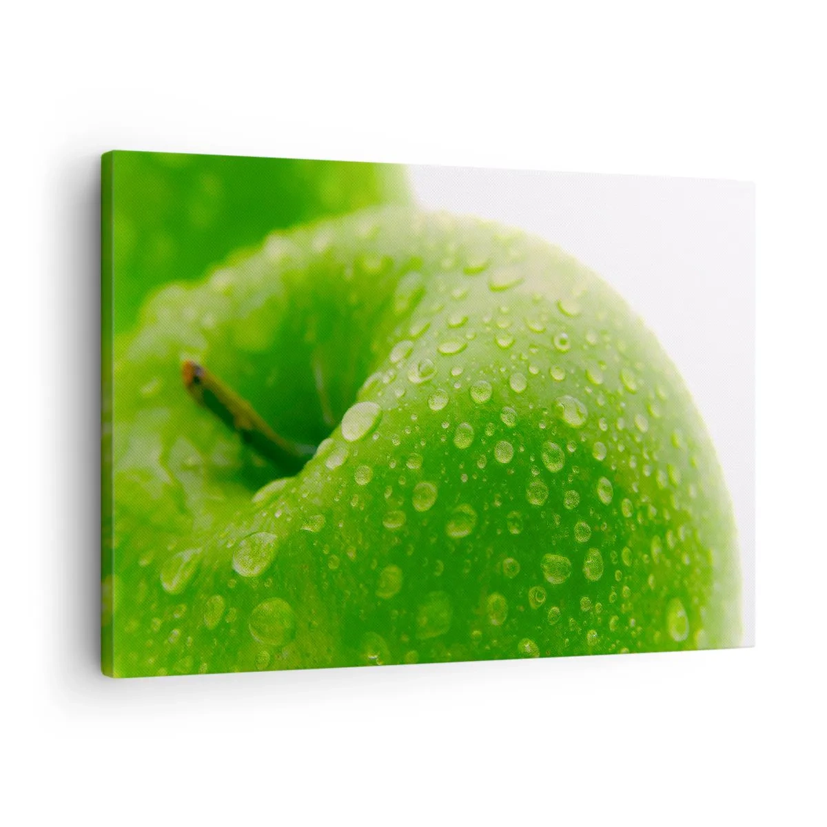 Quadro em tela - Close-up de uma maçã verde com gotas de água - 70x50cm - Frescor verde - Decoração de parede moderna para a sala de estar e quarto ARTTOR