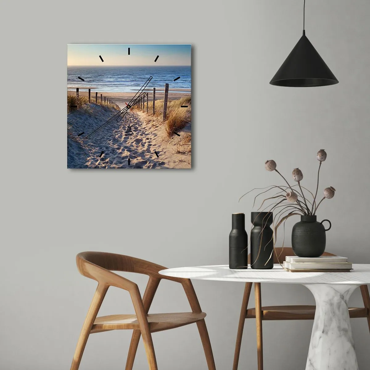 Relógio de parede - Relógio em vidro - O som do mar, o canto dos pássaros, a praia selvagem entre a relva... - 30x30 cm