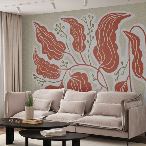 Papel de Parede Standard Eco - Folhas de coral e galhos delicados em um fundo claro - 100x70cm - Folclórico e coral - Decoração de parede moderna para a sala de estar e quarto ARTTOR