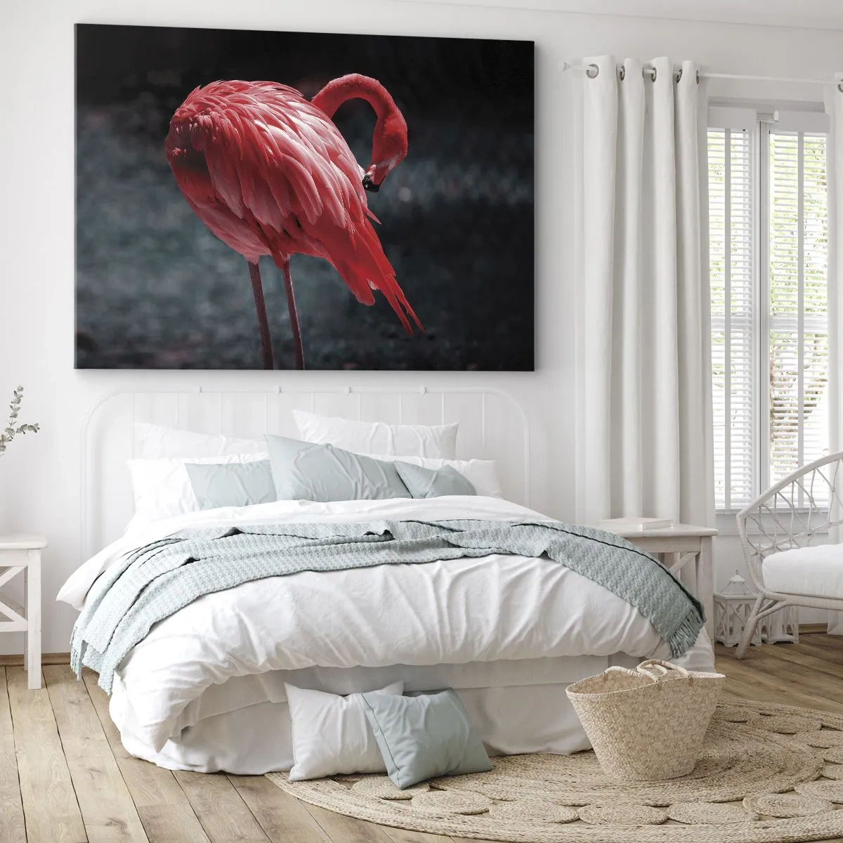 Quadro em tela - Um flamingo rosa em um fundo verde escuro - 70x50cm - Poema carmesim da natureza - Decoração de parede moderna para a sala de estar e quarto ARTTOR
