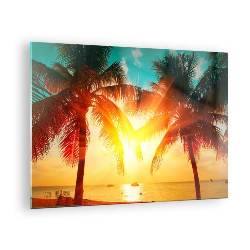Quadro em vidro - Palmeiras iluminadas pelo sol sobre uma praia tropical - 70x50cm - Casal exótico - Decoração de parede moderna para a sala de estar e quarto ARTTOR