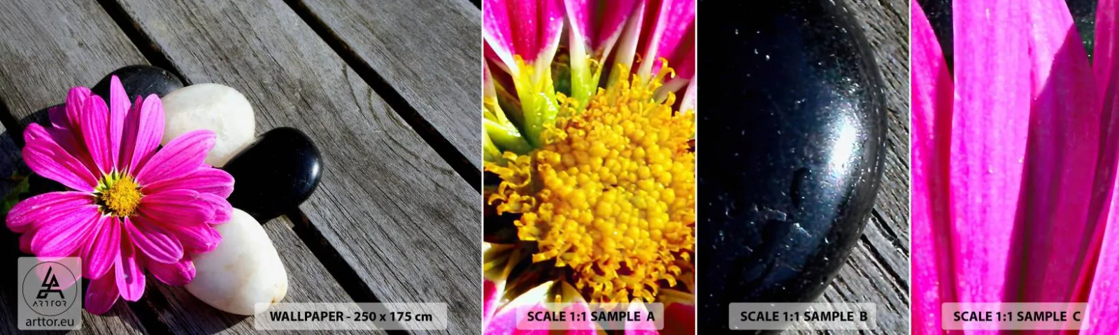 Amostra de Papel de Parede Standard Eco - Descanso no cais - Flor, Pedras, Ponte de madeira - 100x30 cm