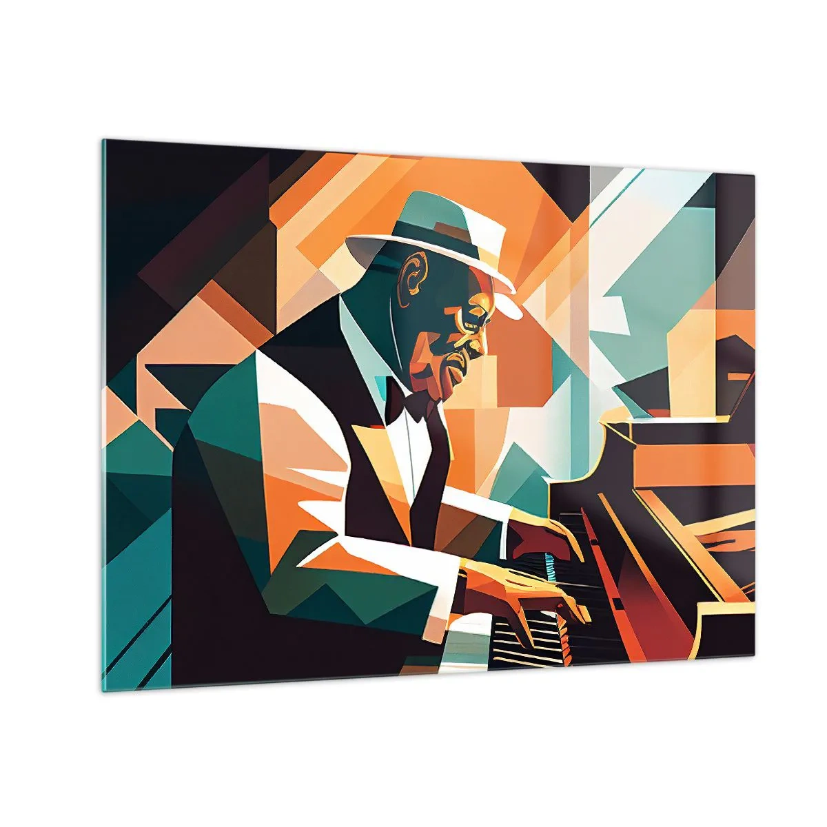 Quadro em vidro - Um retrato colorido de um pianista de estilo jazz - 70x50cm - Todo aquele jazz - Decoração de parede moderna para a sala de estar e quarto ARTTOR