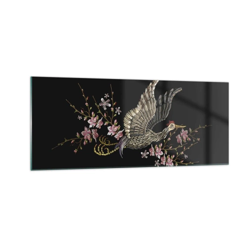 Quadro em vidro - Pássaro exótico e bordado - 100x40 cm