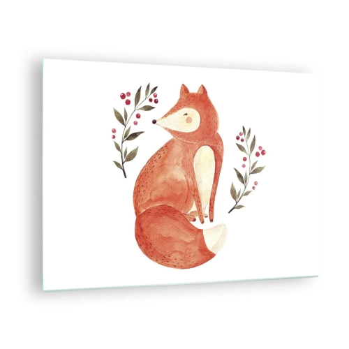 Quadro em vidro - Adorável raposa em aquarela com galhos e frutas - 70x50cm - Pequeno ruivo - Decoração de parede moderna para a sala de estar e quarto ARTTOR