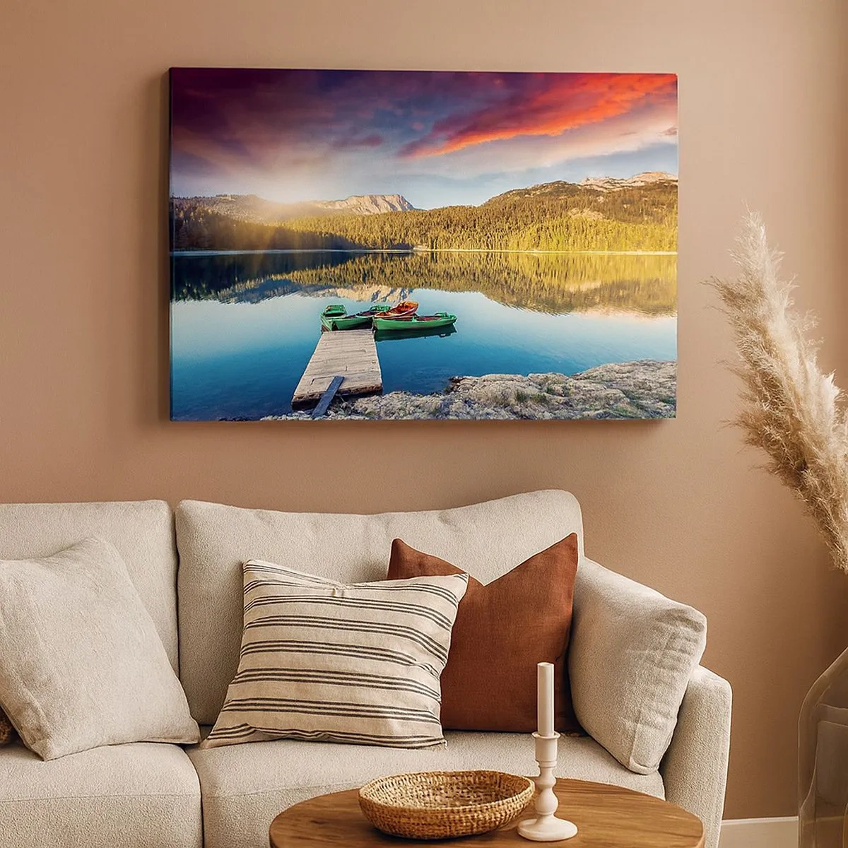 Quadro em tela - Pôr do sol sobre o lago com barcos no píer - 70x50cm - Sobre a água tão lisa como um espelho - Decoração de parede moderna para a sala de estar e quarto ARTTOR