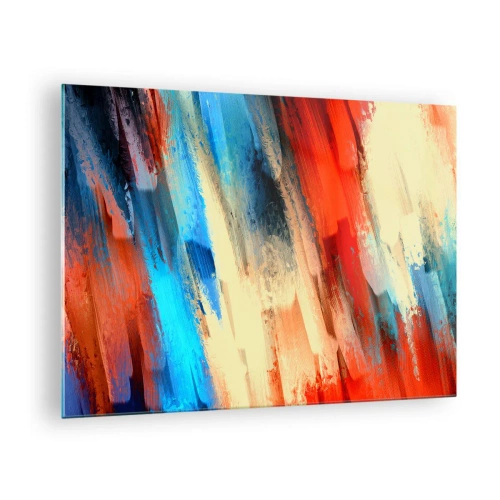 Quadro em vidro - Pinceladas abstratas em tons de azul, vermelho e bege - 70x50cm - Cascata de cores - Decoração de parede moderna para a sala de estar e quarto ARTTOR
