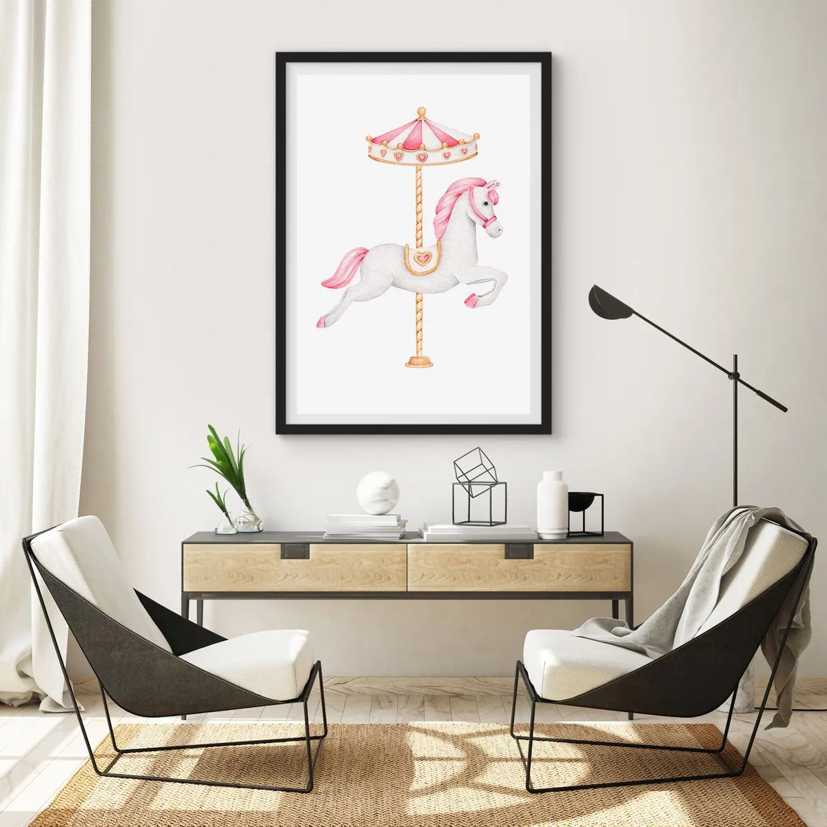 Pôster com moldura preta - Um encantador cavalo branco em um carrossel em cores pastel - 50x70cm - Caiu no chão - Decoração de parede moderna para a sala de estar e quarto ARTTOR