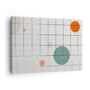 Quadro em tela - Círculos coloridos abstratos em um fundo de grade geométrica - 70x50cm - Encurralado. Nós ou eles? - Decoração de parede moderna para a sala de estar e quarto ARTTOR