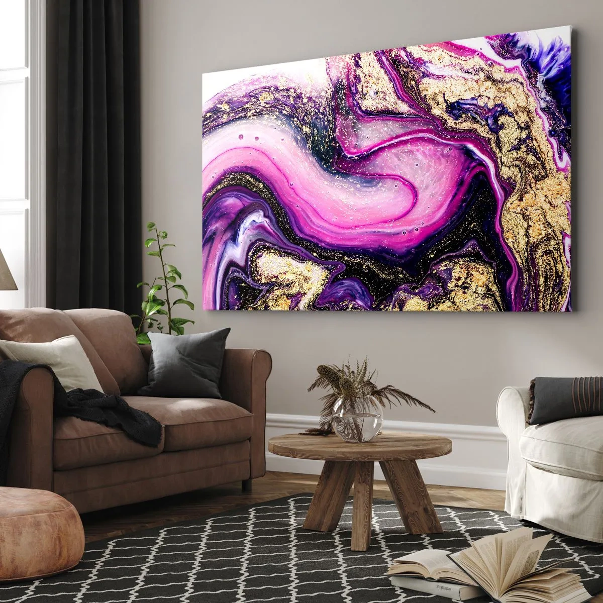 Quadro em tela - Ondas abstratas em tons de roxo e dourado - 70x50cm - Um momento nos bastidores - Decoração de parede moderna para a sala de estar e quarto ARTTOR
