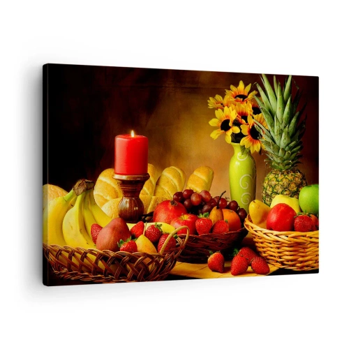 Quadro em tela - Natureza morta com frutas, pão, vela e flores - 70x50cm - Natureza morta com pão e fruta - Decoração de parede moderna para a sala de estar e quarto ARTTOR