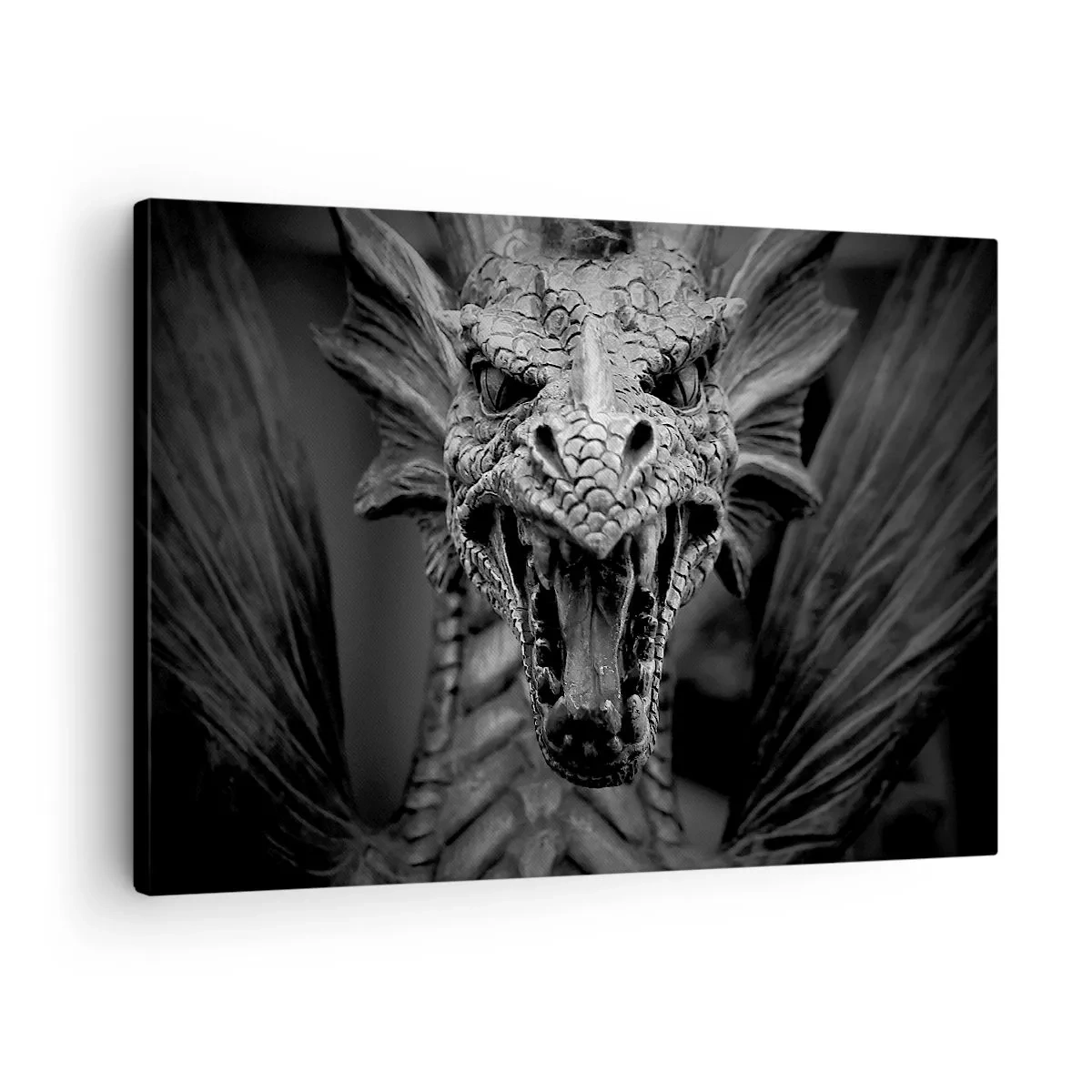 Quadro em tela - Uma cabeça de dragão ameaçadora em preto e branco com detalhes expressivos. - 70x50cm - Dragão de conto de fadas em tons de cinza - Decoração de parede moderna para a sala de estar e quarto ARTTOR