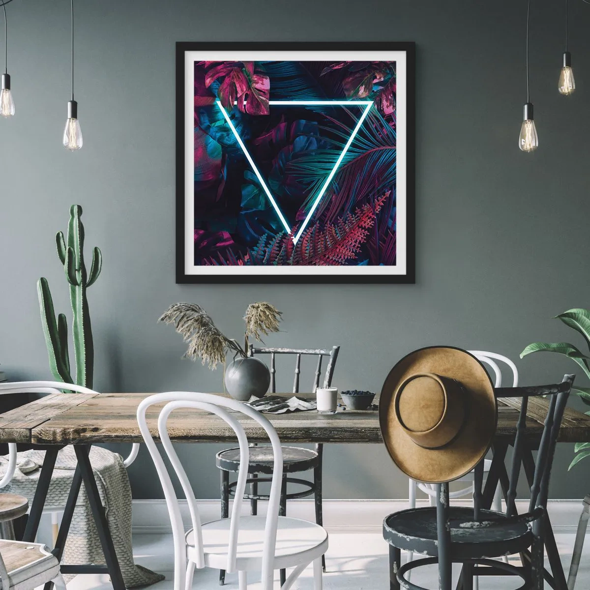 Pôster com moldura preta - Jardim estilo discoteca - 40x40 cm