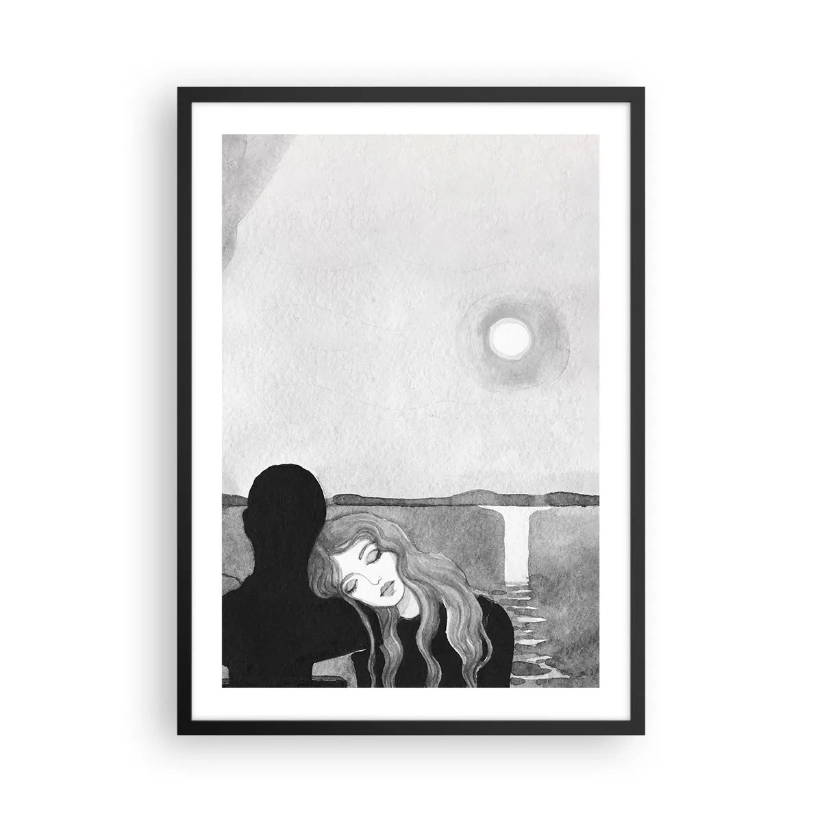 Pôster com moldura preta - Mulher apoiada na figura da sombra, lua e cachoeira - 50x70cm - Sempre misteriosa - Decoração de parede moderna para a sala de estar e quarto ARTTOR