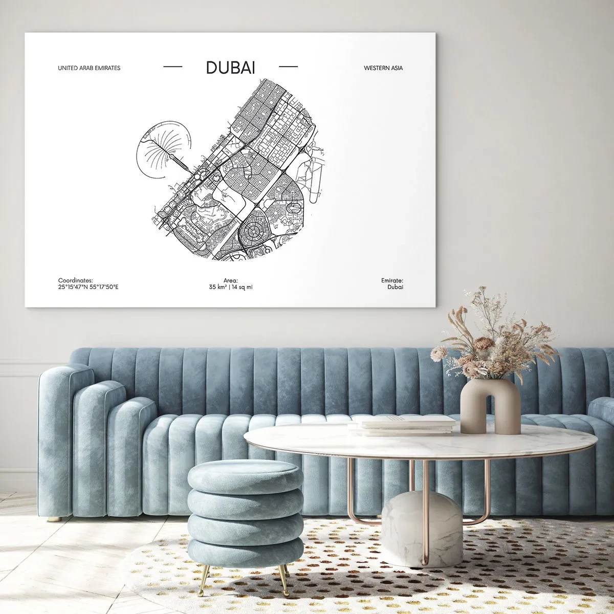 Quadro em vidro - Um mapa minimalista de Dubai em estilo preto e branco. - 70x50cm - Anatomia de Dubai - Decoração de parede moderna para a sala de estar e quarto ARTTOR