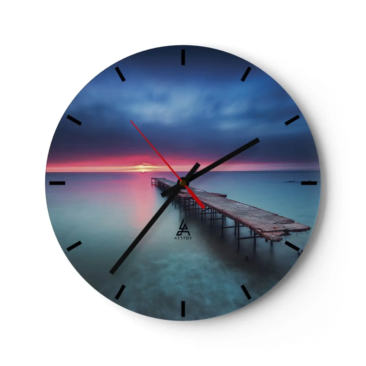 Relógio de parede - Relógio em vidro - Um cais de madeira sobre um mar calmo ao entardecer - 30x30cm - Entre o céu e a terra - Decoração de parede moderna para a sala de estar, cozinha e quarto ARTTOR