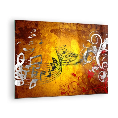 Quadro em vidro - Motivos musicais sobre um fundo de ornamentos dourados - 70x50cm - Deixe a música fluir - Decoração de parede moderna para a sala de estar e quarto ARTTOR