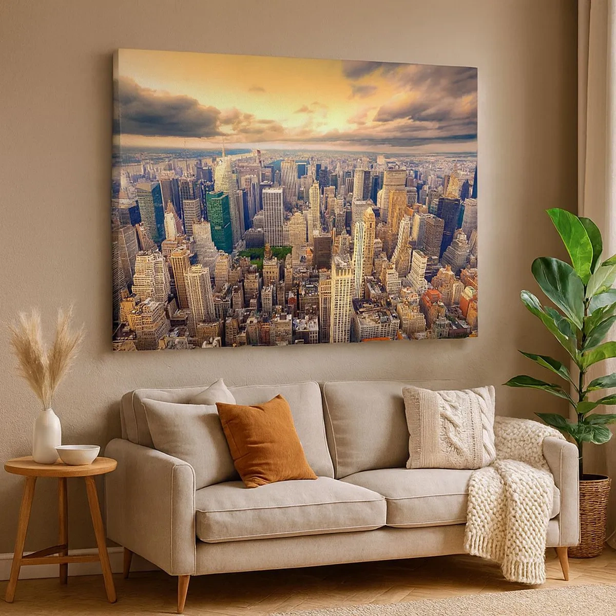 Quadro em tela - Panorama da cidade com vista para arranha-céus ao pôr do sol - 70x50cm - Metrópole dourada - Decoração de parede moderna para a sala de estar e quarto ARTTOR