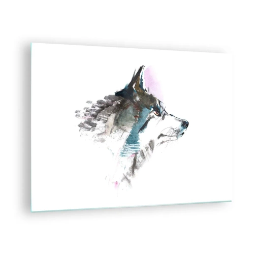 Quadro em vidro - Lobo em estilo artístico de aquarela sobre fundo branco - 70x50cm - O tempo não come o lobo - Decoração de parede moderna para a sala de estar e quarto ARTTOR