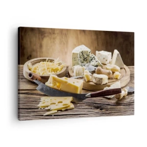 Quadro em tela - Uma tábua de queijos com diferentes tipos sobre uma mesa de madeira - 70x50cm - Sorria para o queijo - Decoração de parede moderna para a sala de estar e quarto ARTTOR