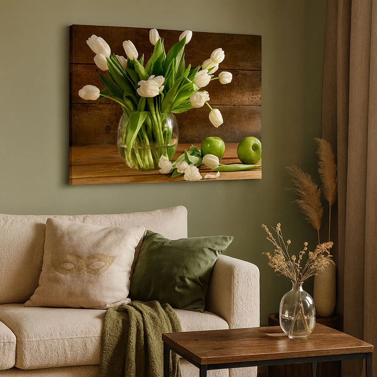 Quadro em tela - Um buquê de tulipas brancas em um vaso de vidro com maçãs verdes - 70x50cm - Suculentas e frescas em verde e branco - Decoração de parede moderna para a sala de estar e quarto ARTTOR