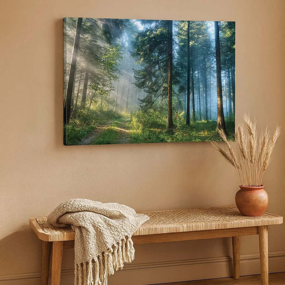 Quadro em tela - Um caminho na floresta iluminado pelos raios do sol da manhã - 70x50cm - Radiante de manhã - Decoração de parede moderna para a sala de estar e quarto ARTTOR