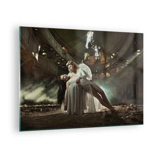 Quadro em vidro - Uma figura de anjo segurando uma mulher nas ruínas de um edifício - 70x50cm - O espírito do teatro antigo - Decoração de parede moderna para a sala de estar e quarto ARTTOR