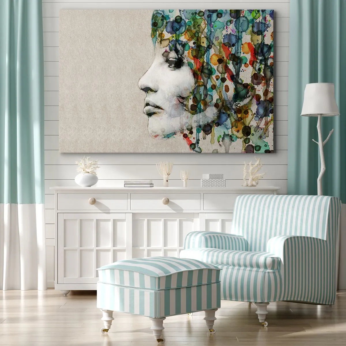 Quadro em tela - Perfil de uma mulher em cores aquarela com fundo abstrato - 70x50cm - Emergida das cinzas - Decoração de parede moderna para a sala de estar e quarto ARTTOR
