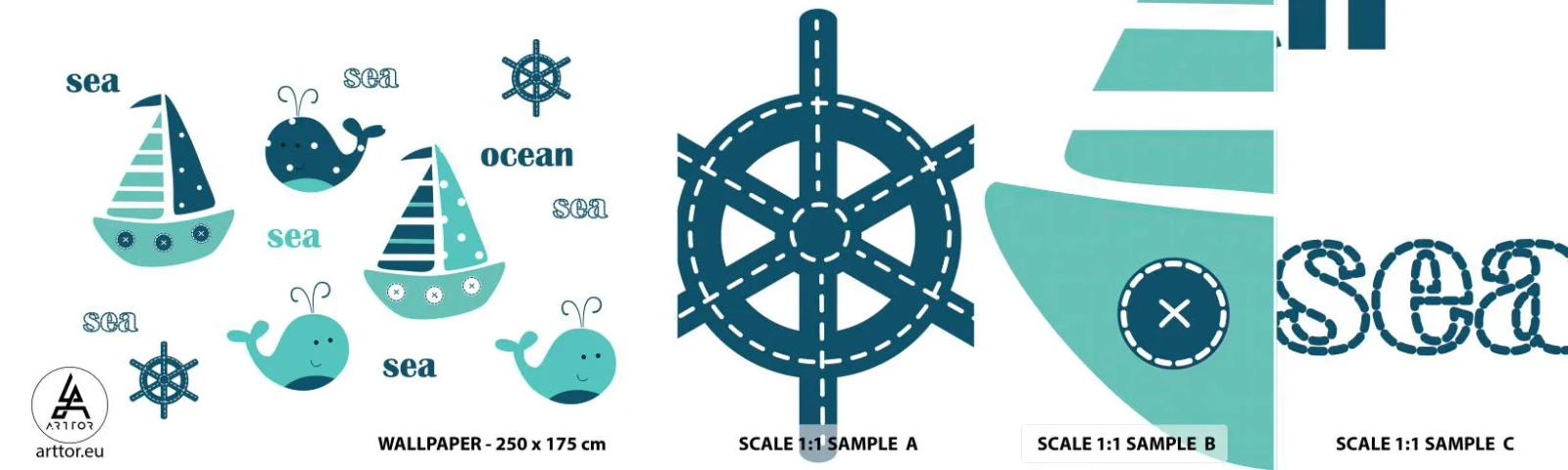 Amostra de papel de parede autocolante Deluxe Sticker - Através dos mares e oceanos - Para crianças, Náutico, Barco a vela - 100x30 cm