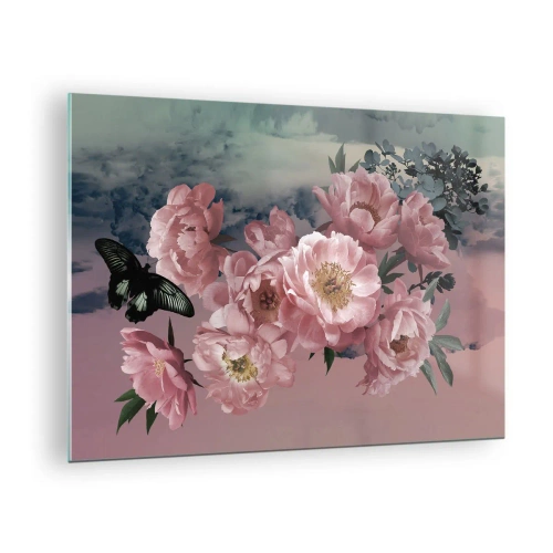 Quadro em vidro - Peônias rosa com uma borboleta contra o céu - 70x50cm - O auge do romantismo - Decoração de parede moderna para a sala de estar e quarto ARTTOR