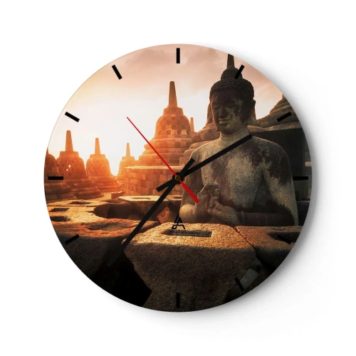 Relógio de parede - Relógio em vidro - Pôr do sol sobre estátuas de Buda cercadas por templos - 30x30cm - Clima de grande sabedoria - Decoração de parede moderna para a sala de estar, cozinha e quarto ARTTOR