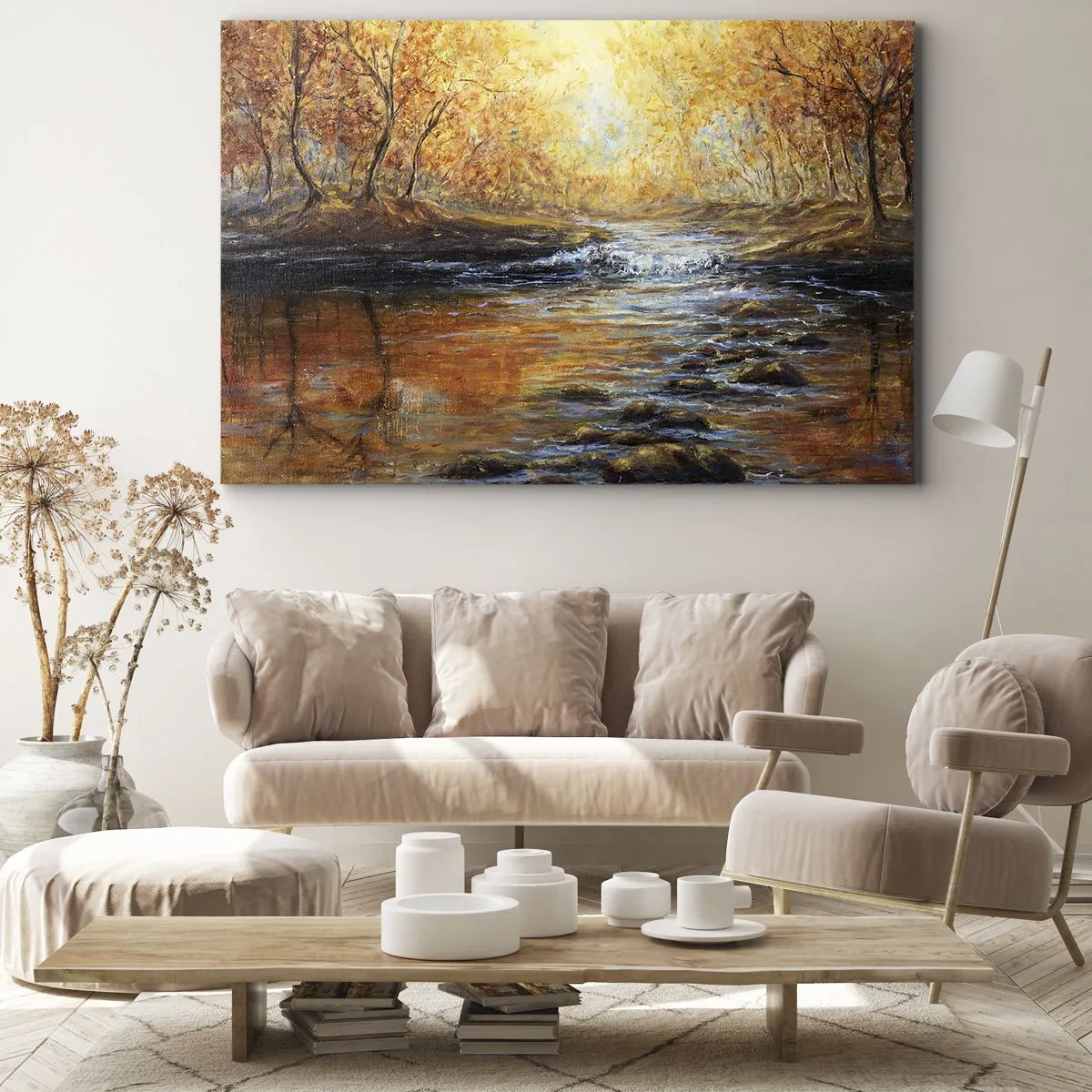 Quadro em tela - Paisagem de outono com um rio entre as árvores - 70x50cm - Riacho Dourado - Decoração de parede moderna para a sala de estar e quarto ARTTOR