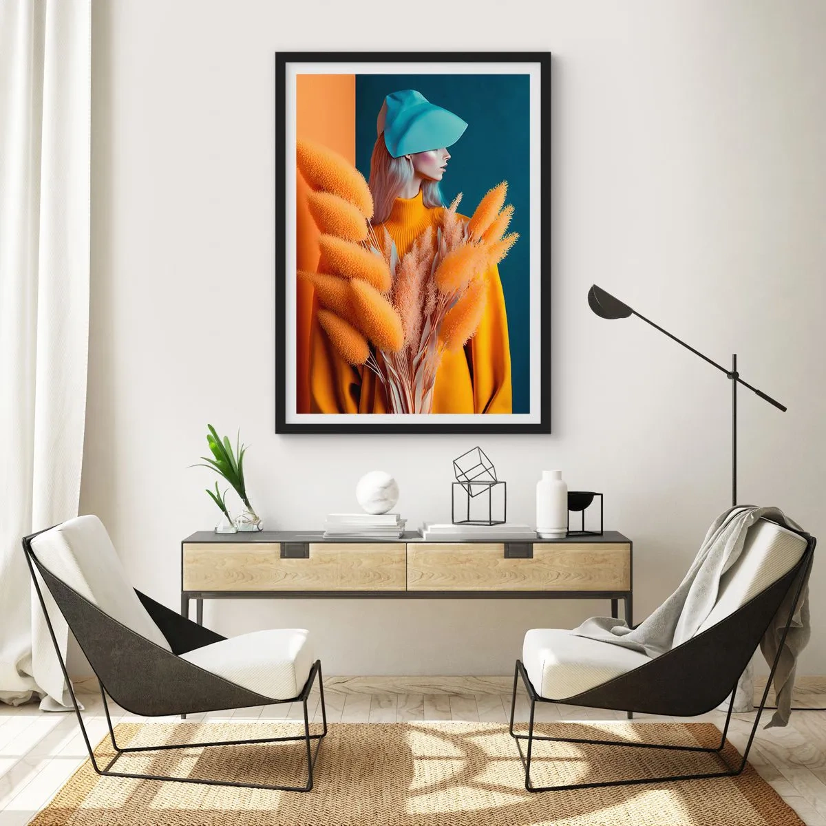 Pôster com moldura preta - Um retrato moderno de uma mulher em cores quentes - 50x70cm - Retrato fofo - Decoração de parede moderna para a sala de estar e quarto ARTTOR