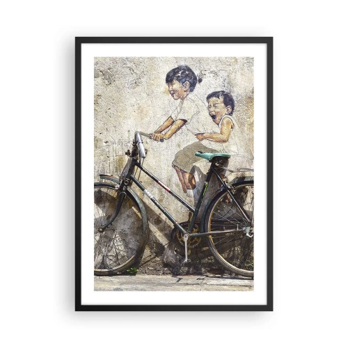 Pôster com moldura preta - Um mural de arte de rua com crianças em uma bicicleta - 50x70cm - Verdadeiro ou falso? - Decoração de parede moderna para a sala de estar e quarto ARTTOR