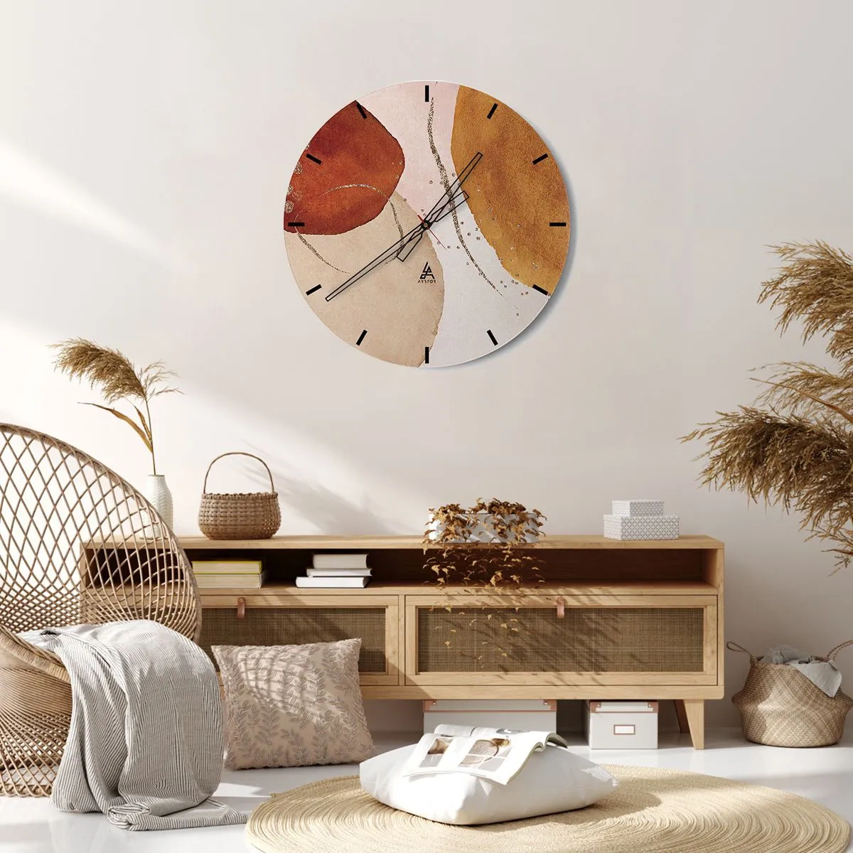 Relógio de parede - Relógio em vidro - Composição abstrata com manchas de cores terrosas - 30x30cm - Redondeza e movimento - Decoração de parede moderna para a sala de estar, cozinha e quarto ARTTOR