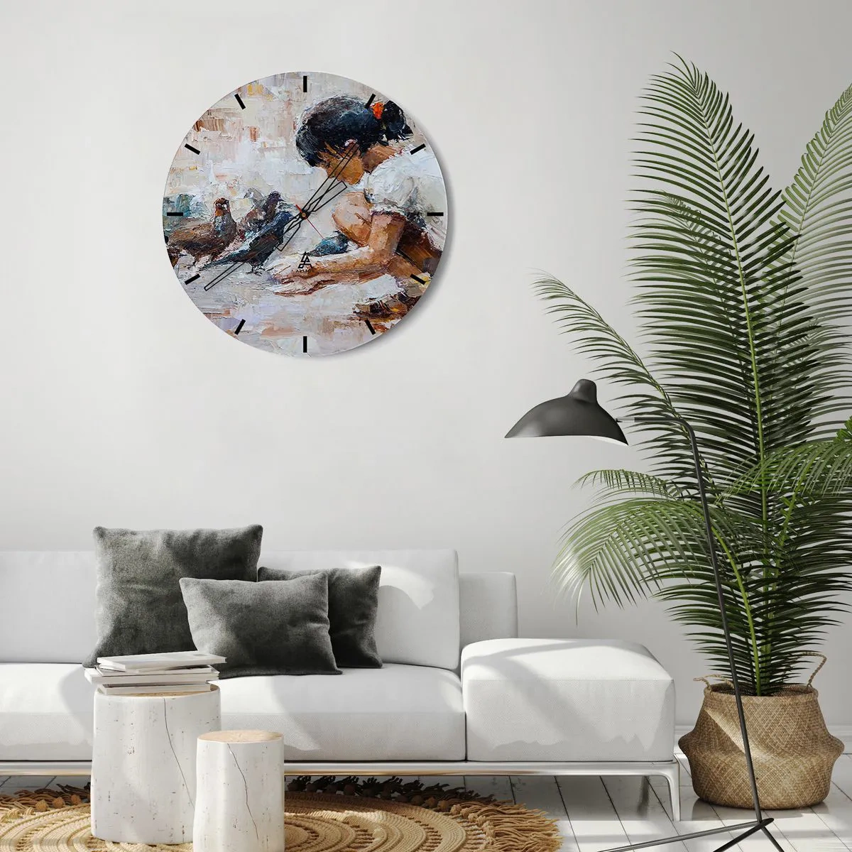 Relógio de parede - Relógio em vidro - Uma menina alimentando pombos contra um fundo pintado - 30x30cm - Pequenos e queridos - Decoração de parede moderna para a sala de estar, cozinha e quarto ARTTOR